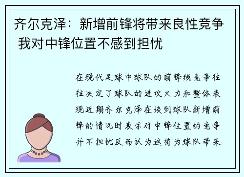 齐尔克泽：新增前锋将带来良性竞争 我对中锋位置不感到担忧