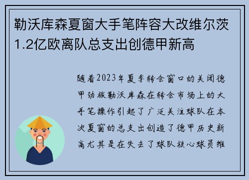 勒沃库森夏窗大手笔阵容大改维尔茨1.2亿欧离队总支出创德甲新高